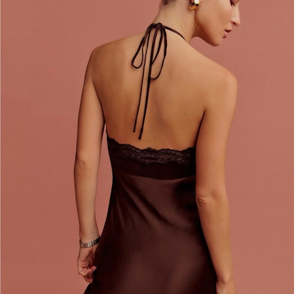 Reformation Aara Silk Dress Brown Lace Mahogany Elegant Brown Halter Neck XS NWT - Picture 3 of 5